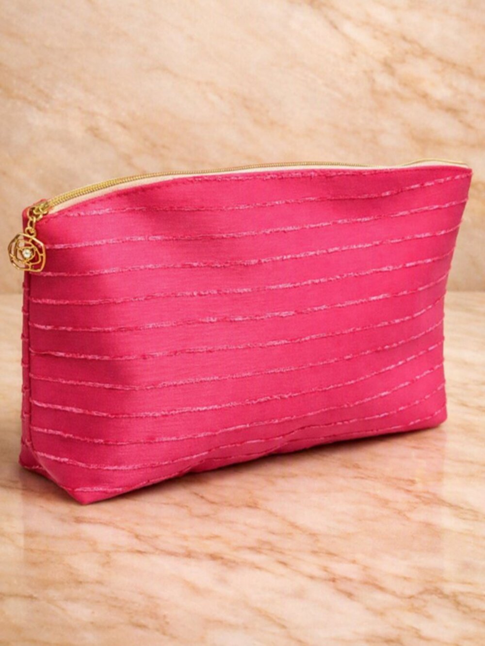 New Lancôme Makeup Toiletry Cosmetic Travel Bag Large Hot Pink Striped Clutch